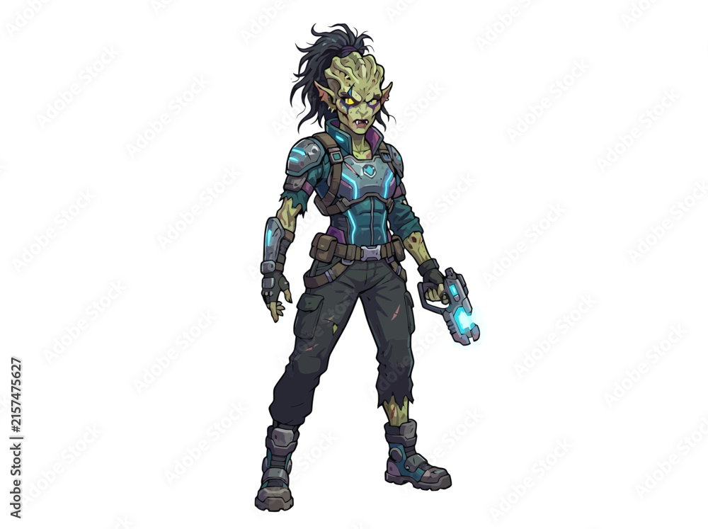 Naklejka premium A stylized alien soldier character holding a futuristic energy weapon.