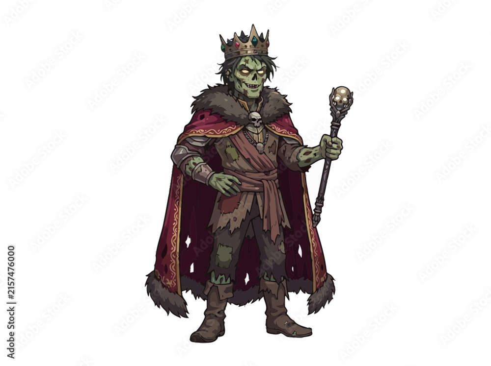 Obraz premium An undead lich king wearing a crown and royal robes holding a skull topped staff.