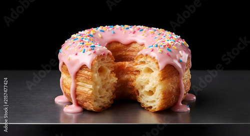 Cronut pastry with pink strawberry glaze and colorful sprinkles sliced in half showing flaky layers on dark metallic table isolated concept.