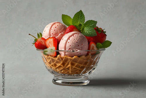 Strawberry ice cream scoops served in waffle basket with fresh berries and green mint leaves isolated on gray background elegant dessert.