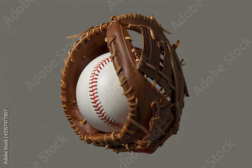 Baseball glove and ball on neutral gray background studio shot close up.