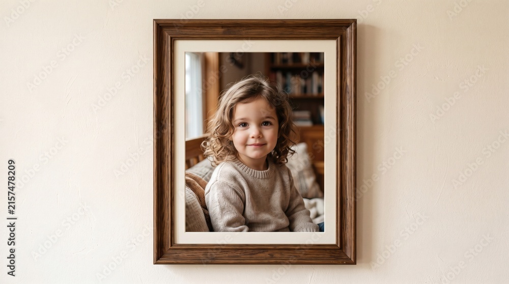 Fototapeta premium Adorable young child with curly hair smiles warmly from a framed portrait hanging on a textured wall