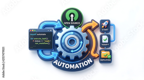 Plakat w ramie Open Source Automation Workflow with Gear, Code Snippet, and Deployment Steps.