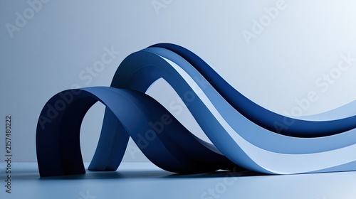 Blue ribbons curve and flow in smooth, abstract waves against a light background