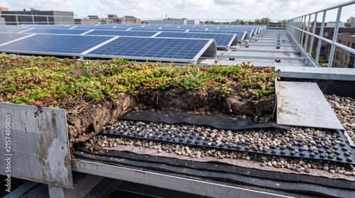 Green roof layers and solar panels on a rooftop showing sustainable urban design and renewable energy integration