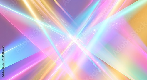 Abstract, vibrant light beams converge and refract in a spectrum of pastel hues