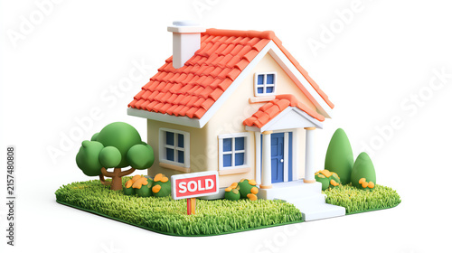 A charming, miniature house model with a decorative 'SOLD' sign in the garden, perfect for representing real estate success and homeownership.