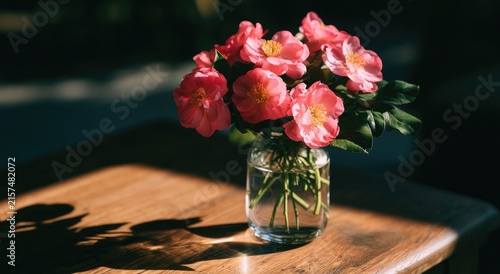 Soft pink blossoms in a clear jar catch dappled sunlight on a wooden surface