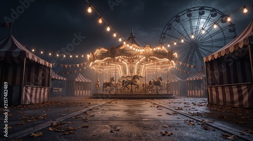 A spooky abandoned carnival at night featuring a glowing carousel and ferris wheel perfect for a dark halloween themed background