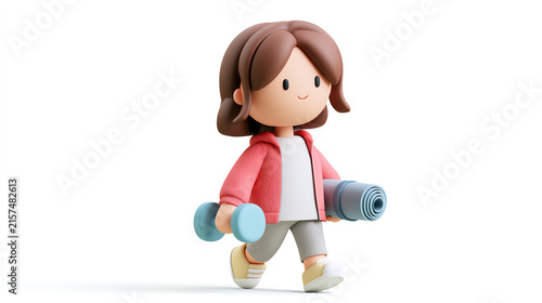 A cheerful character walks with a dumbbell and yoga mat, reflecting a healthy and active lifestyle, perfect for fitness and wellness themes.