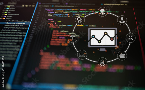 Software analytics concept with source code, data chart and connected digital icons, representing application development, data integration, system monitoring, programming and digital technology.