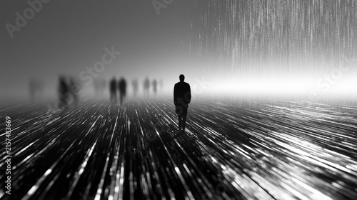 A lone figure walks through a distorted, light-streaked, and misty expanse