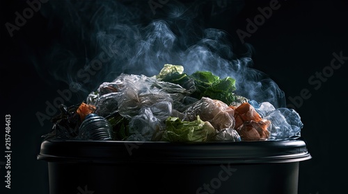 Steaming pile of colorful plastic waste in a bin