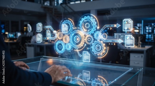 Futuristic digital interface displaying gears and documents in a modern office setting with a person interacting with the display