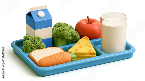 A colorful lunch tray featuring healthy food options including broccoli, an apple, carrots, cheese, bread, and a glass of milk.