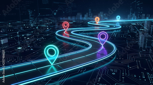 Digital roadmap and technology journey concept with glowing GPS map markers