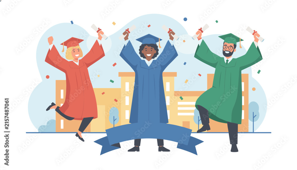 Fototapeta premium Three happy diverse graduates in colorful academic gowns jumping with joy and holding diplomas under falling confetti.