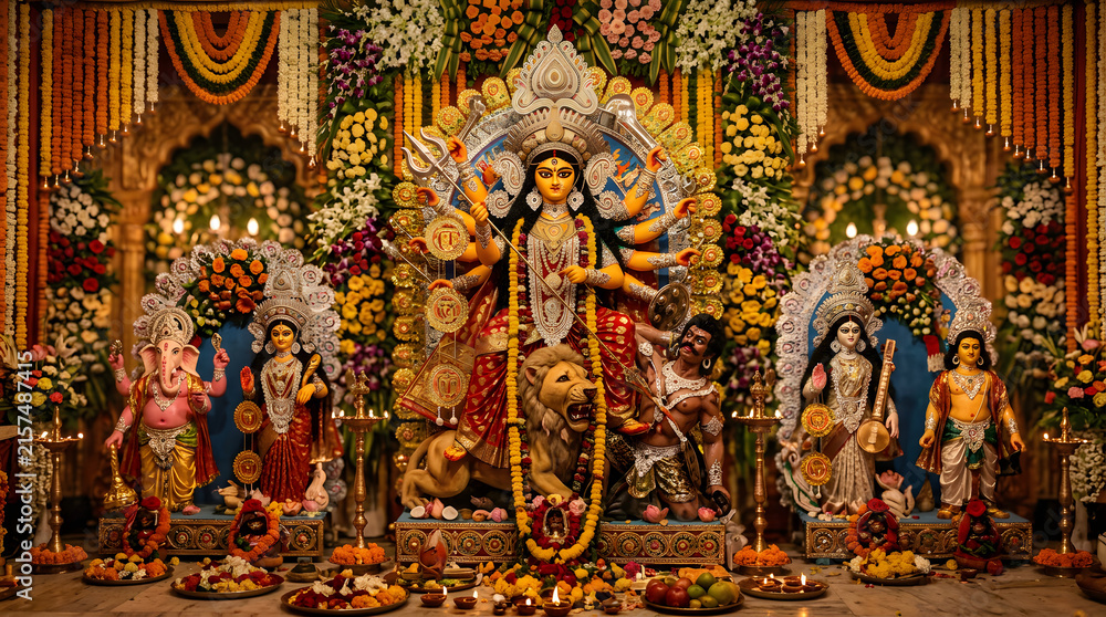 Obraz premium Goddess Durga idol with floral decorations during Durga Puja.