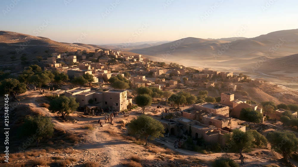 Obraz premium High angle shot of an ancient middle eastern village at dawn with traditional stone buildings