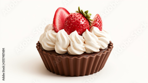 A delicious chocolate tart topped with fluffy whipped cream and fresh strawberries, perfect for dessert lovers seeking indulgent treats.
