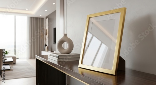 Modern living room with framed mirror and decor.