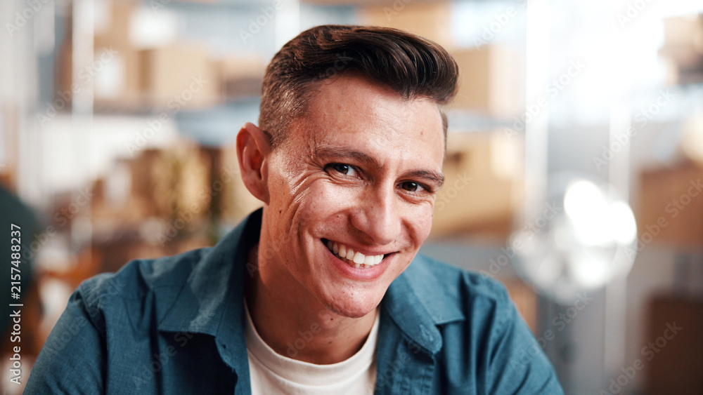 Fototapeta premium Man, smile and portrait in small business for supply chain, ecommerce or distribution service. Entrepreneur, supplier and happy in workshop for export, startup growth or stock inventory for logistics