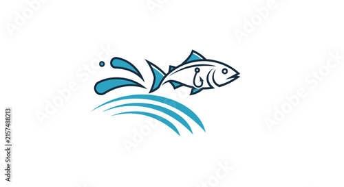 A stylized graphic illustration of a fish jumping from water