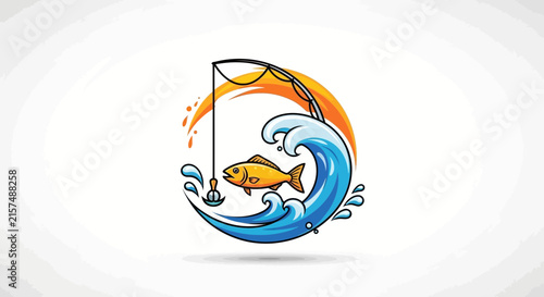 A stylized illustration of a fish caught on a fishing hook