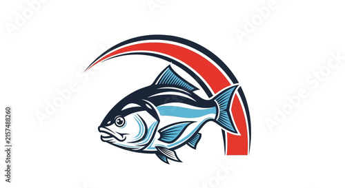 A stylized graphic illustration of a swimming fish with an arc