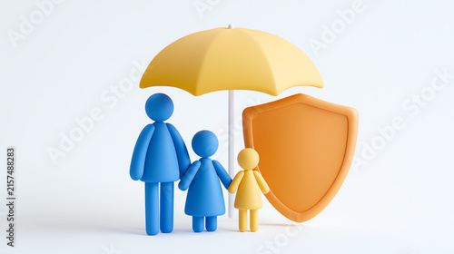 A family represented by blue figures stands under a yellow umbrella, symbolizing protection and care. A shield emphasizes safety and security.