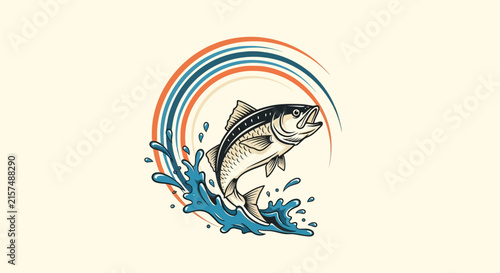 A stylized illustration of a fish jumping out of the water