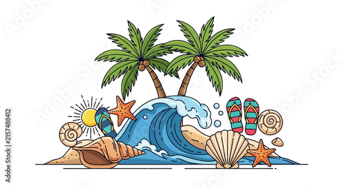 A vibrant illustration of a tropical beach scene with ocean waves