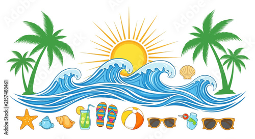 A vibrant summer beach scene with ocean waves and palm trees