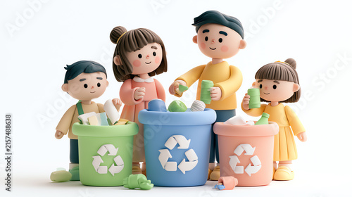 A group of children engaging in recycling activities, promoting environmental awareness. They sort recyclable materials into color-coded bins.