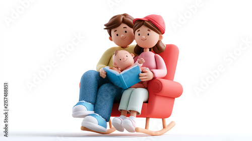 A joyful family scene featuring parents reading a book to their infant in a cozy rocking chair, showcasing love and family bonding.
