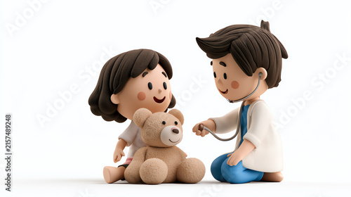 A pediatrician smiles at a young girl while examining her teddy bear with a stethoscope, showcasing caring healthcare for children.