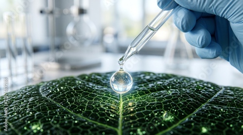 Obraz na płótnie Scientific Research Dropping Liquid onto Leaf for Natural Science Experiment.
