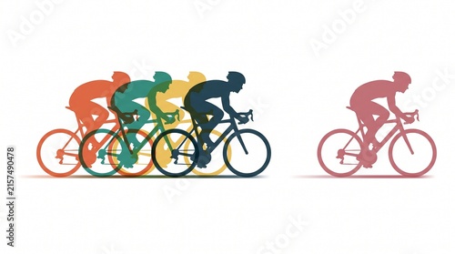 Colorful cyclists racing in side profile with overlapping silhouettes with overlapping figures orange orange green yellow yellow dark blue competition bicycles athletes with velocity