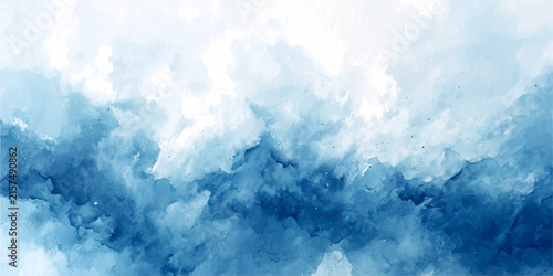 Photography Abstract watercolor painting of swirling blue and white clouds with textured brushstrokes in a dreamy, ethereal composition