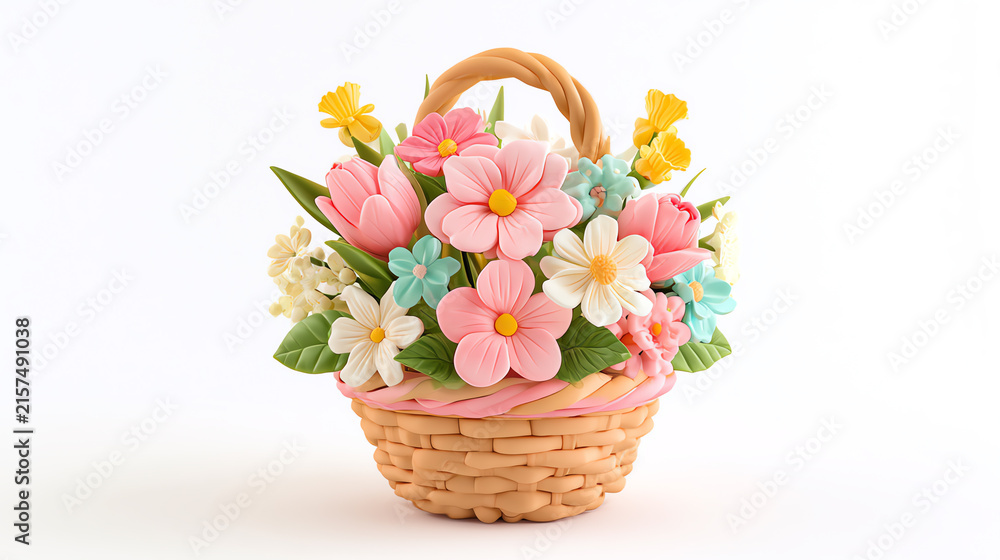 Obraz premium A vibrant basket filled with colorful flowers, showcasing a delightful arrangement of pink, blue, and white blossoms that add charm to any space.