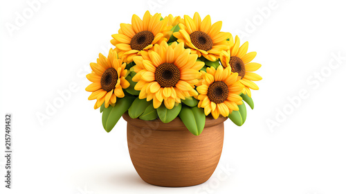 A vibrant bouquet of sunflowers in a terracotta pot, showcasing their bright yellow petals and lush green leaves, symbolizing warmth and happiness.