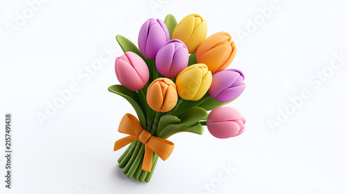 A vibrant bouquet of tulips in shades of pink, purple, and orange tied with an orange ribbon, perfect for spring celebrations and floral arrangements.
