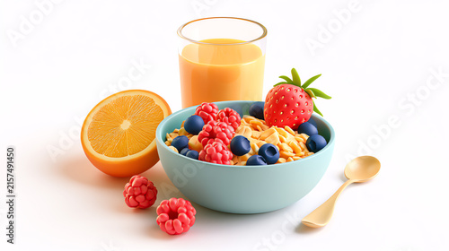 A vibrant breakfast bowl featuring granola, fresh berries, oranges, and a glass of juice, perfect for a healthy start to the day.
