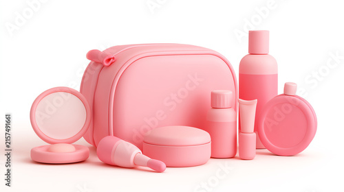 A vibrant collection of pink cosmetic products, arranged artistically with a stylish bag, perfect for enhancing beauty routines and personal care.