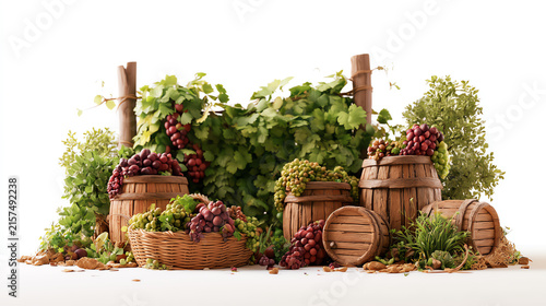 A vibrant display of fresh grapes and rustic barrels, embracing the essence of nature and the richness of harvest, perfect for food enthusiasts.