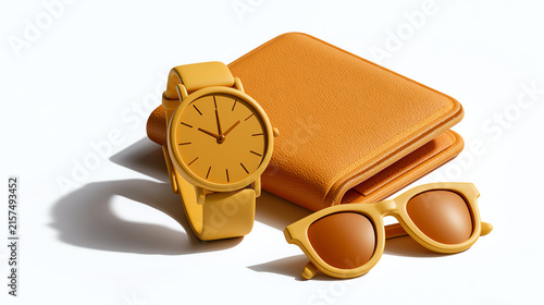 A vibrant yellow watch, sleek wallet, and stylish sunglasses presented together, showcasing a modern and chic lifestyle accessory ensemble.