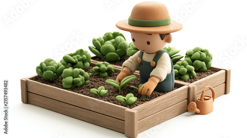 A whimsical gardener tending to a lush vegetable garden, surrounded by vibrant plants. Perfect for illustrating growth, care, and sustainability in nature.