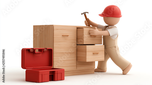 A worker in a red hard hat is assembling a wooden cabinet, showcasing craftsmanship and dedication. A toolbox is present for tools and supplies.