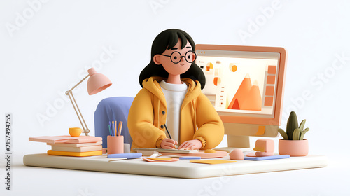 A young woman sits at a colorful desk, engaged in creative work. She is surrounded by art supplies and a digital screen displaying vibrant designs.