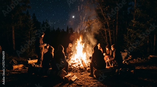 Group of friends gathered around a campfire at night under a starry sky